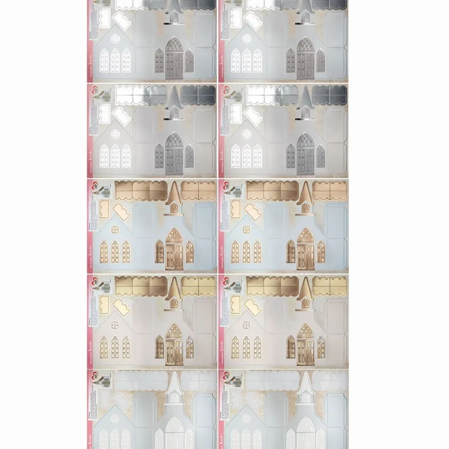 Stanzbogen, Kirche, DIN A4, 300 g/m², Perlmuttpapier, 4 versch. Veredelungen, 10 Bogen