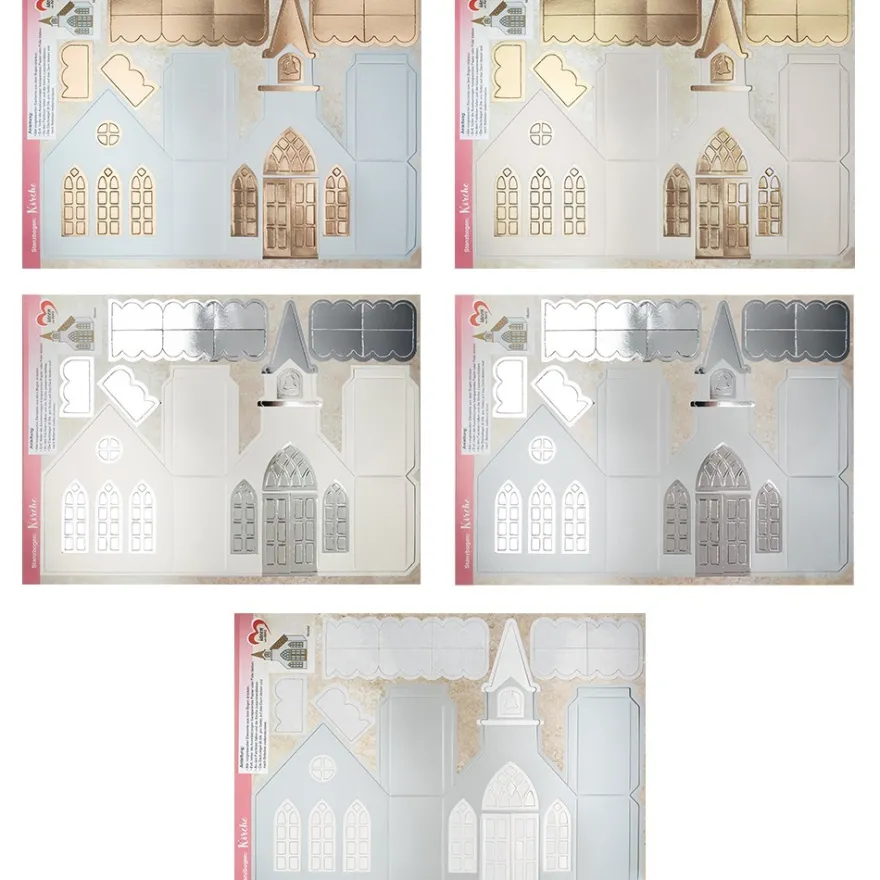 Stanzbogen, Kirche, DIN A4, 300 g/m², Perlmuttpapier, 4 versch. Veredelungen, 10 Bogen
