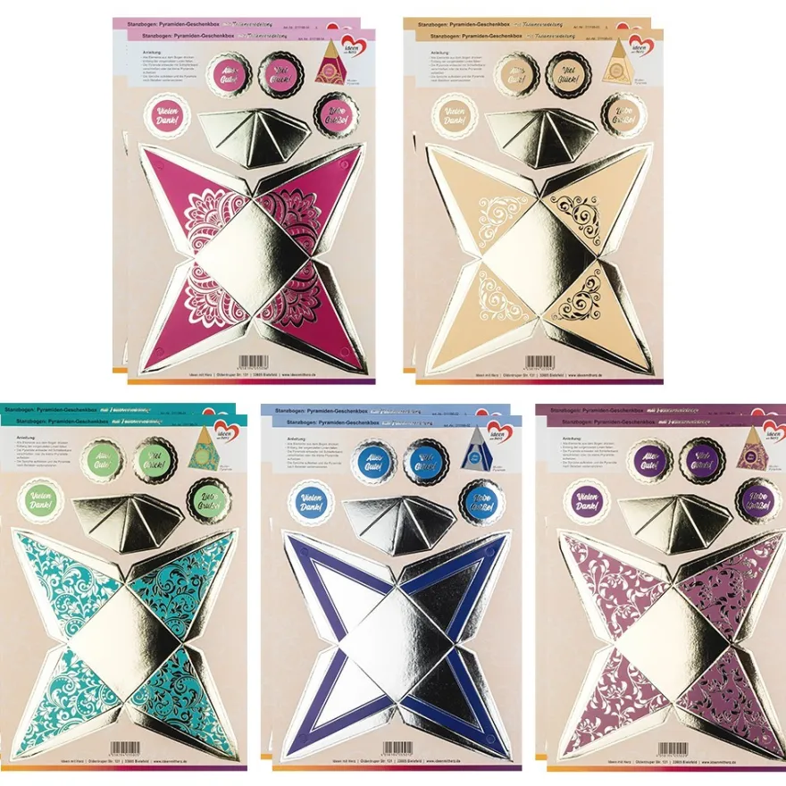 Stanzbogen, Pyramiden-Geschenkboxen, DIN A4, 5 verschiedene Designs, 10 Stück