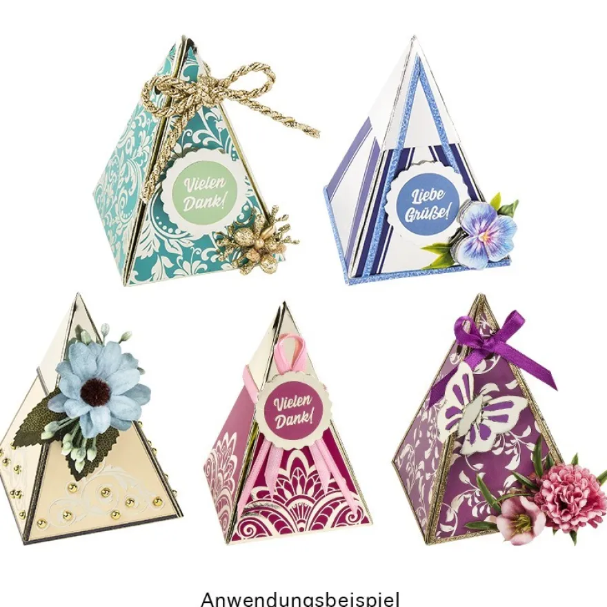 Stanzbogen, Pyramiden-Geschenkboxen, DIN A4, 5 verschiedene Designs, 10 Stück