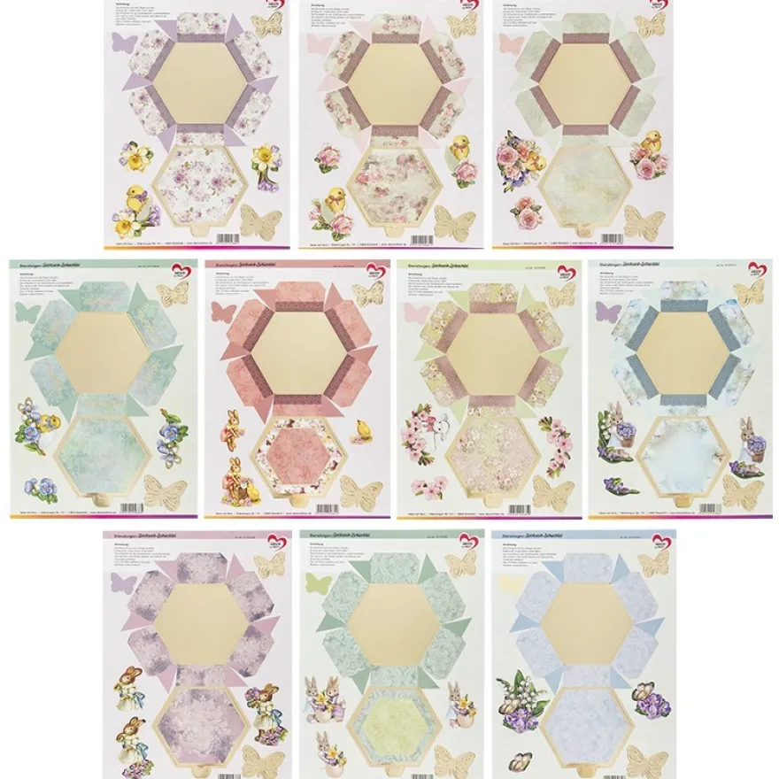 Stanzbogen, Sechseck-Schachteln Ostern, DIN A4, 10 verschiedene Designs, 10 Stück