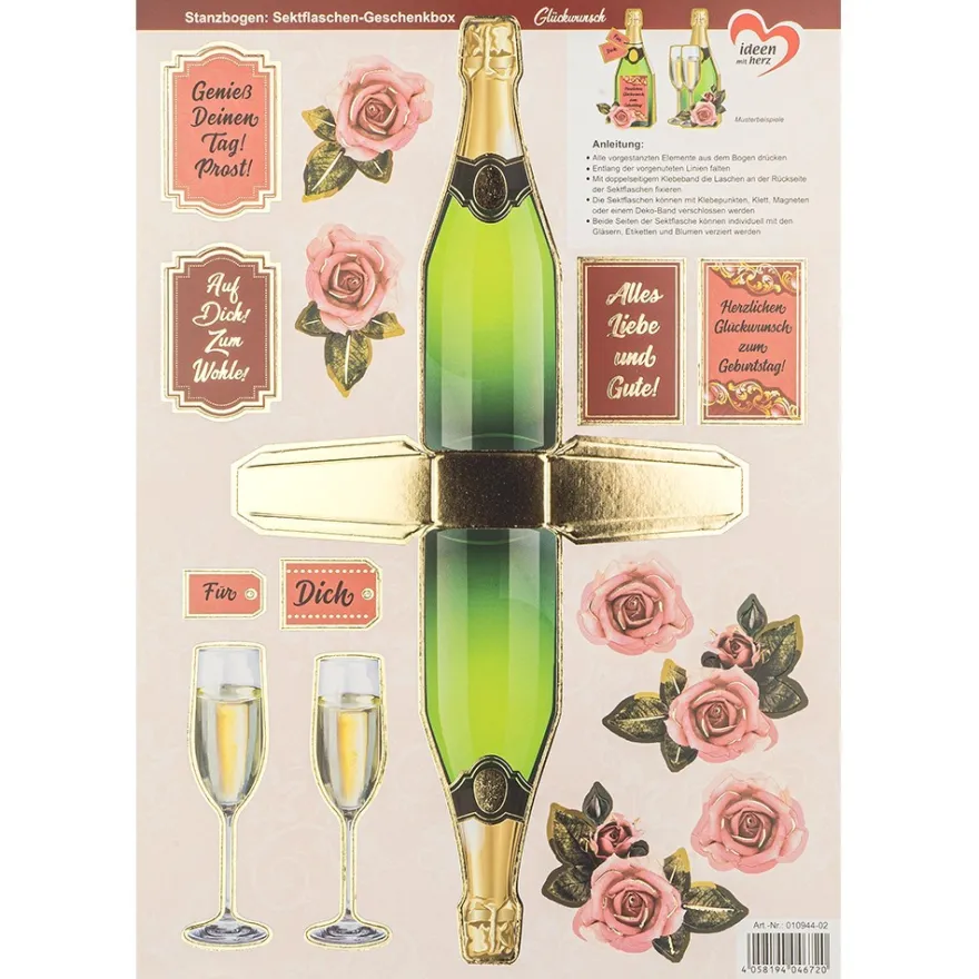 Stanzbogen, Sektflaschen-Geschenkbox, DIN A4, 3 verschiedene Designs, 10 Stück