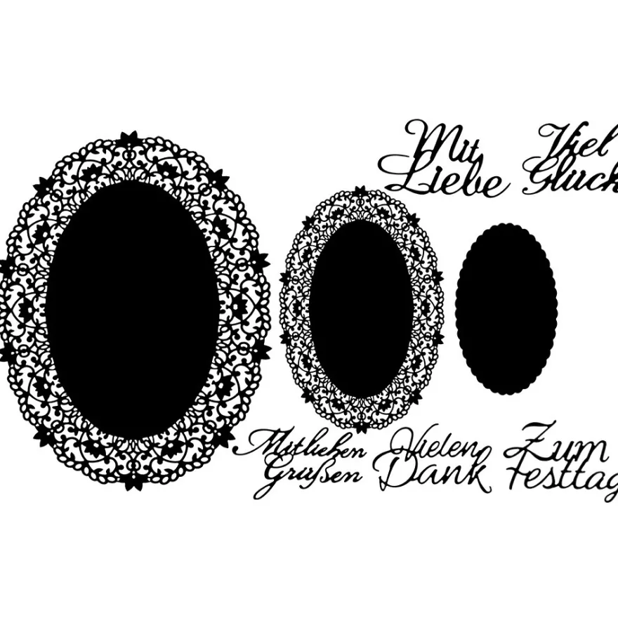 Stanzschablonen, Ovale Zierdeckchen & Schriften, 6cm x 3,8cm bis 26,6cm x 20cm, 8 Stück