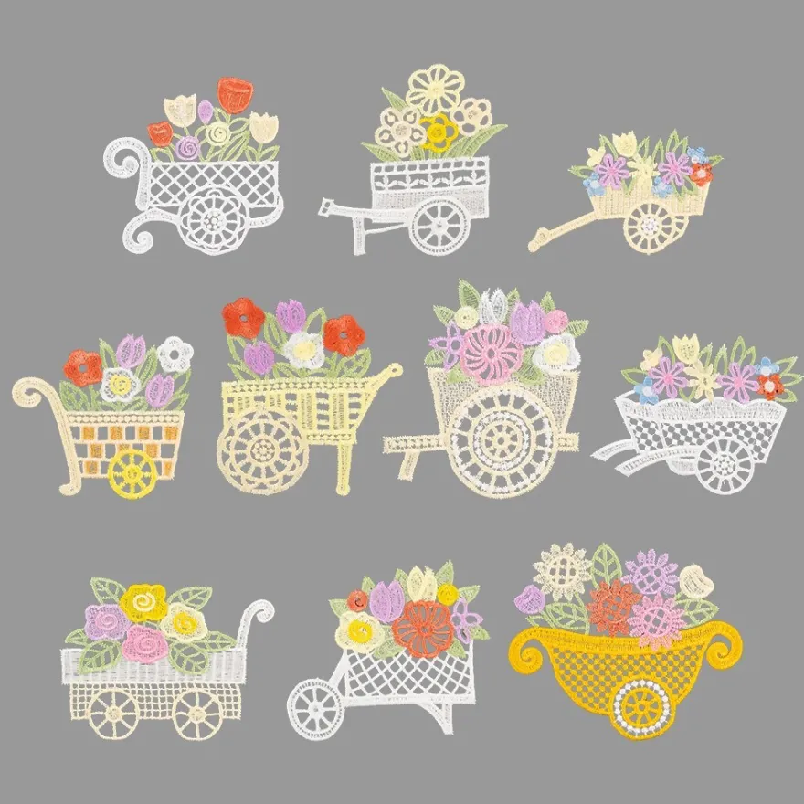 Stick-Designs, Blumenwagen, 8cm bis 11,5cm, 10 Stück