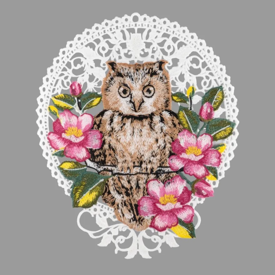 Stick-Design XL, Eule mit Wildrose, 22cm x 19,3cm, farbig, mit Aufhänge-Öse