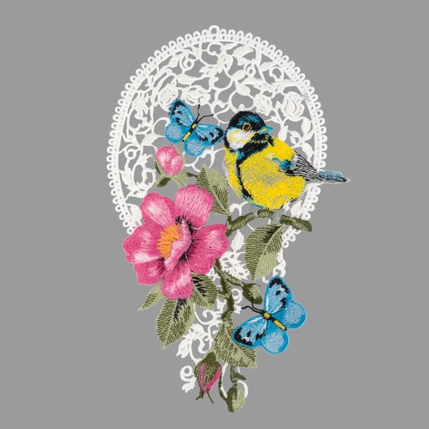 Stick-Design XL, Kohlmeise mit Wildrose, 26,2cm x 16,5cm, farbig, mit Aufhänge-Öse