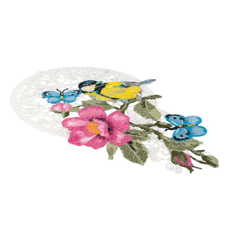 Stick-Design XL, Kohlmeise mit Wildrose, 26,2cm x 16,5cm, farbig, mit Aufhänge-Öse
