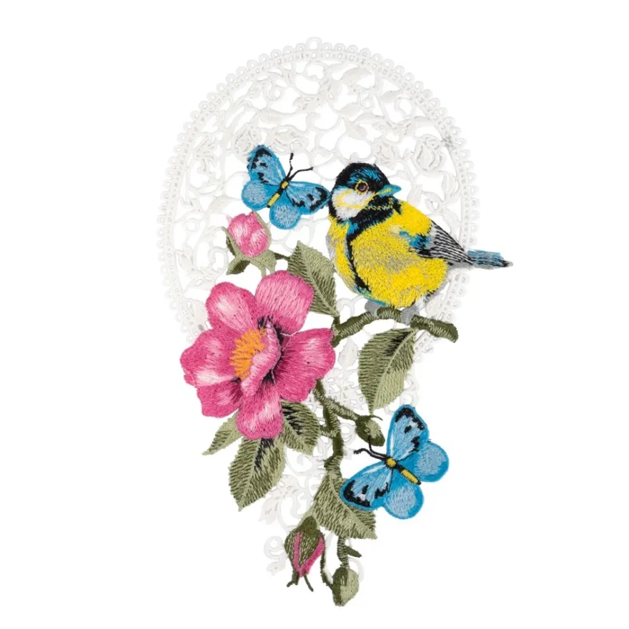 Stick-Design XL, Kohlmeise mit Wildrose, 26,2cm x 16,5cm, farbig, mit Aufhänge-Öse