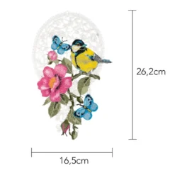 Stick-Design XL, Kohlmeise mit Wildrose, 26,2cm x 16,5cm, farbig, mit Aufhänge-Öse