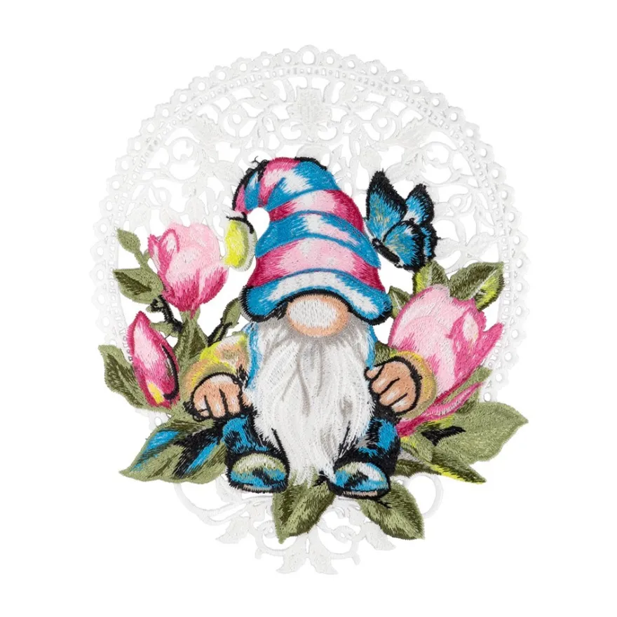 Stick-Design XL, Wichtel mit Magnolie, 21,3cm x 18cm, farbig, mit Aufhänge-Öse