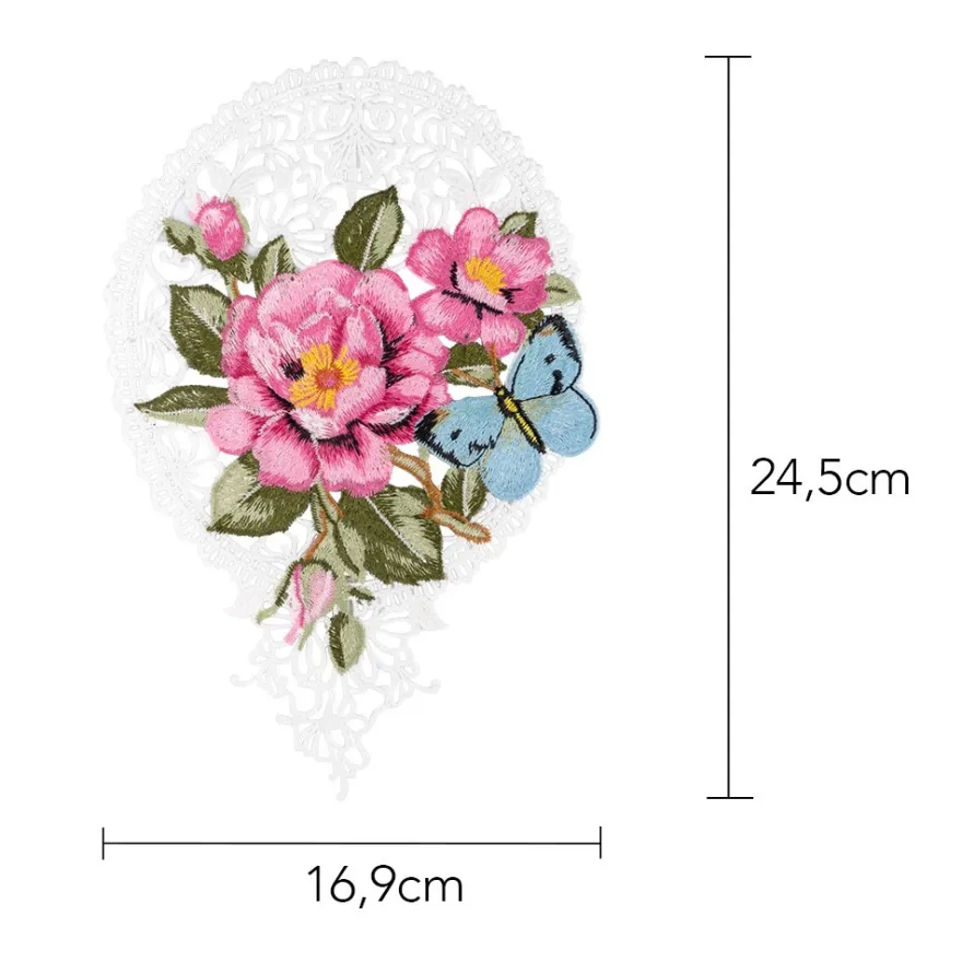 Stick-Design XL, Wildrose mit Schmetterling, 24,5cm x 16,9cm, farbig, mit Aufhänge-Öse
