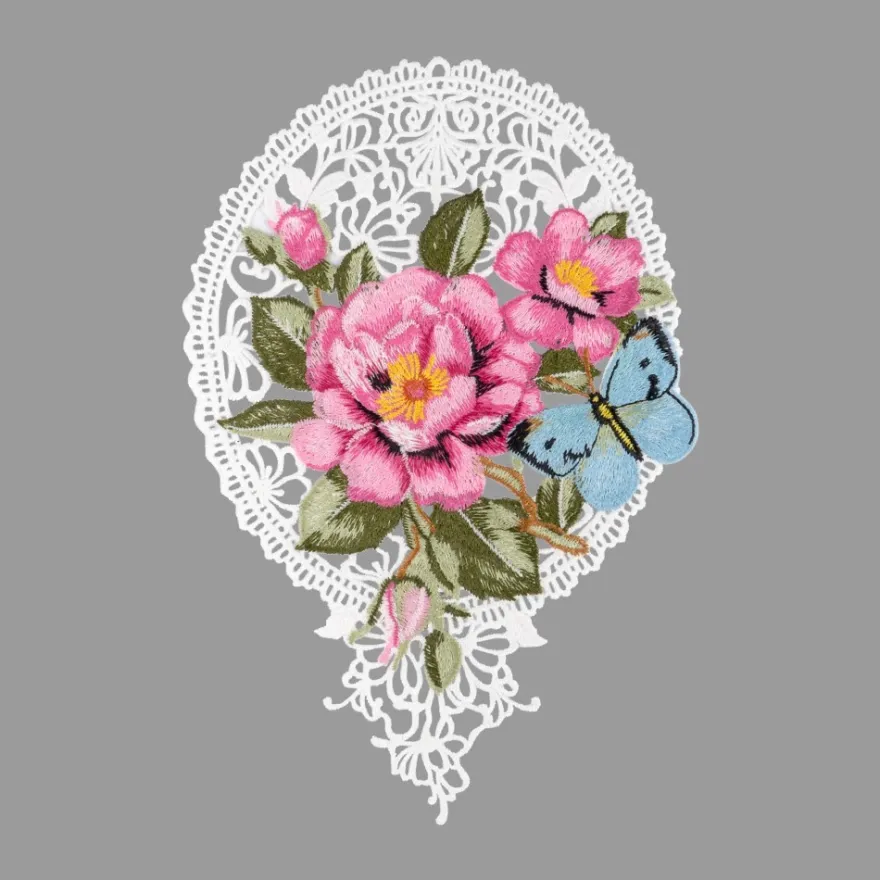 Stick-Design XL, Wildrose mit Schmetterling, 24,5cm x 16,9cm, farbig, mit Aufhänge-Öse