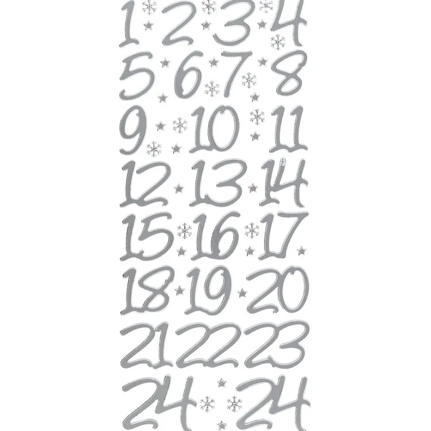 Sticker, Adventskalender-Zahlen, Perlmuttfolie, silber