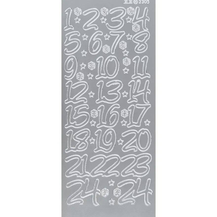 Sticker, Adventskalender-Zahlen, Perlmuttfolie, silber
