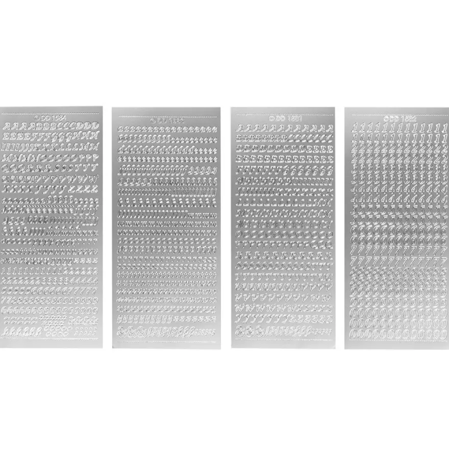 Stickerbogen, Buchstaben & Zahlen, silber, 4 Bogen