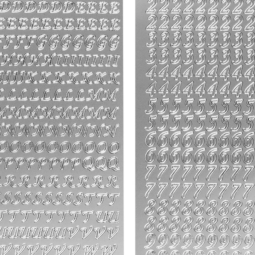 Stickerbogen, Buchstaben & Zahlen, silber, 4 Bogen