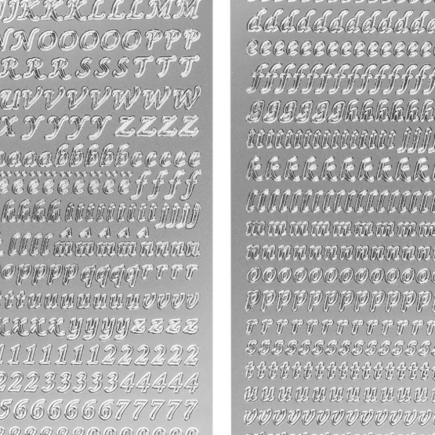Stickerbogen, Buchstaben & Zahlen, silber, 4 Bogen