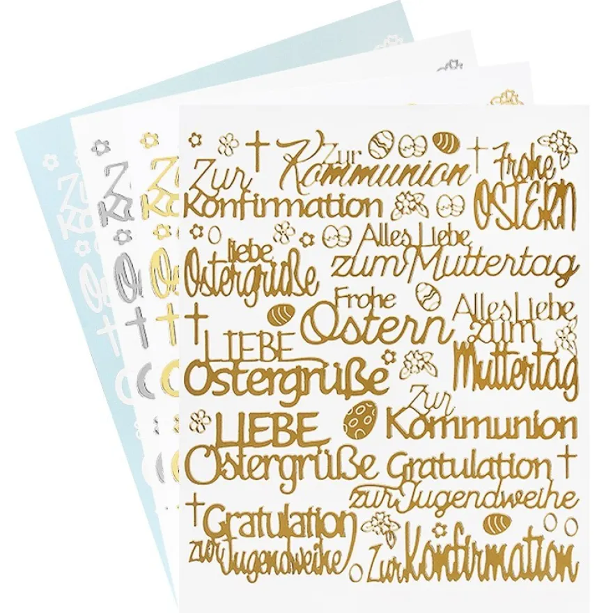 Stickerbogen "Handlettering Art", Anlässe, gold, silber, weiß, 20cm x 23cm, 4 Bogen