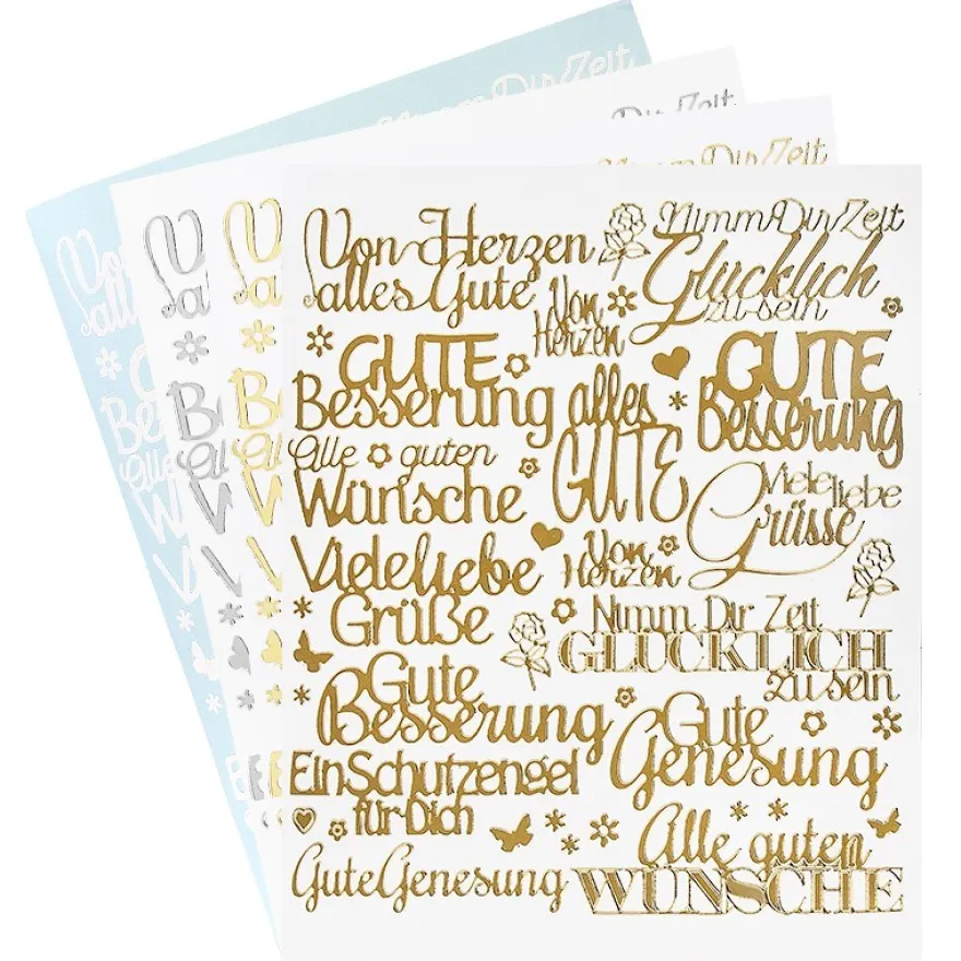 Stickerbogen "Handlettering Art", Gute Wünsche, gold, silber, weiß, 20cm x 23cm, 4 Bogen