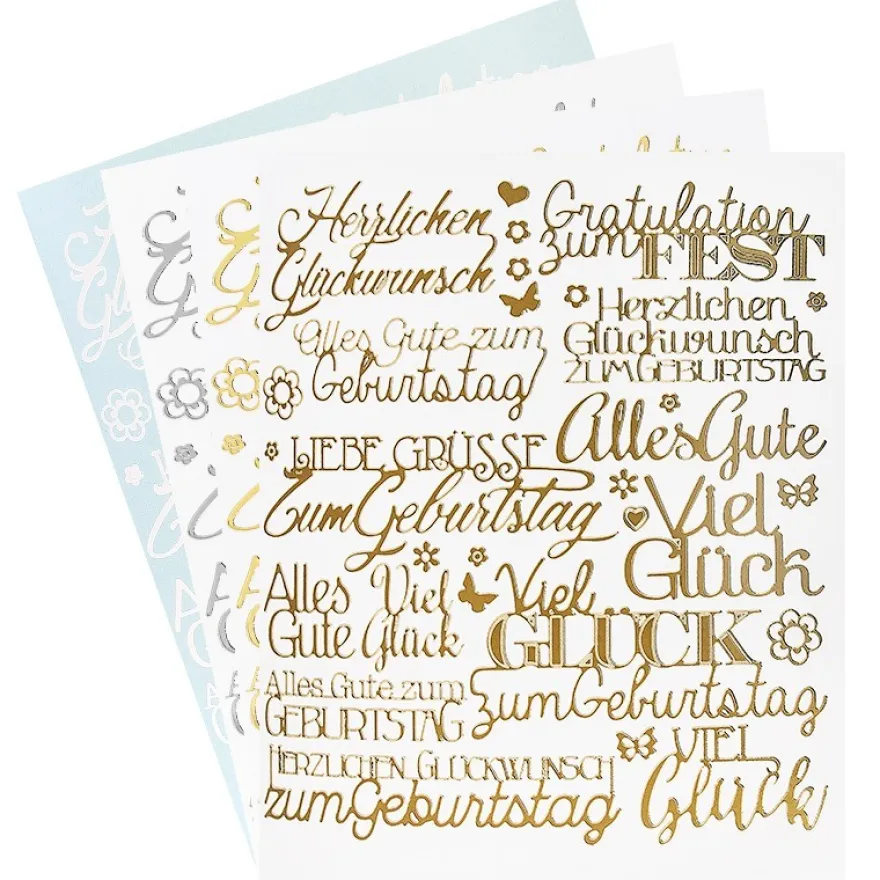 Stickerbogen "Handlettering Art", Gratulationen, gold, silber, weiß, 20cm x 23cm, 4 Bogen