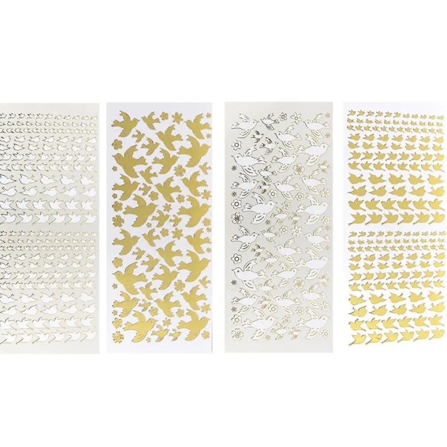 Stickerbogen, Vögel, Spiegelfolie, weiß & gold, 4 Stück