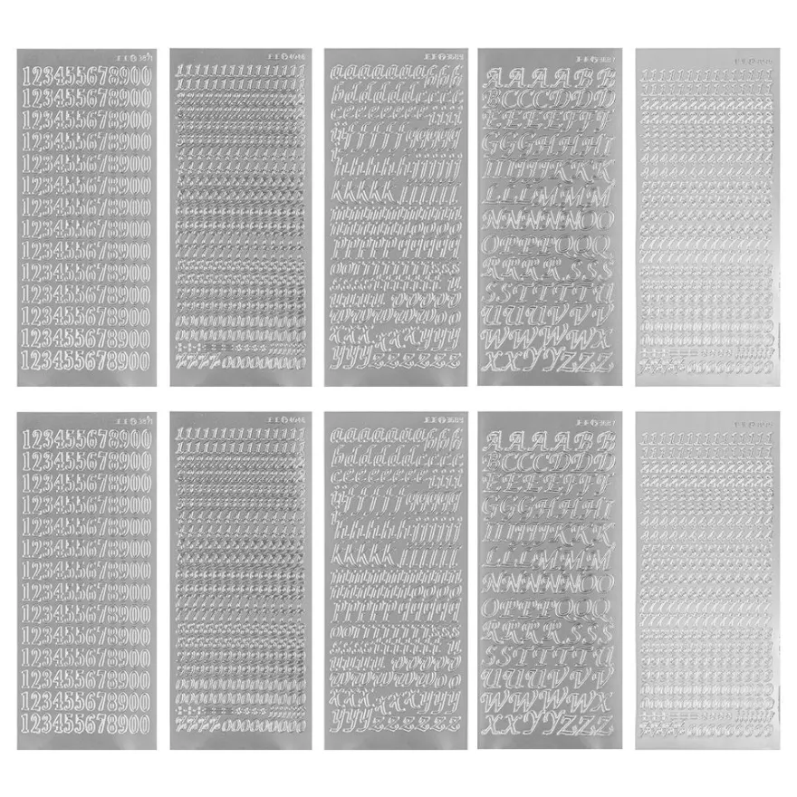 Sticker, Buchstaben und Zahlen, Perlmutt- und Spiegelfolie, versch. Designs, silber, 10 Bogen