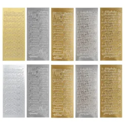 Sticker, Glückwünsche 1, Perlmutt- und Spiegelfolie, gold und silber, 5 Designs, 10 Bogen