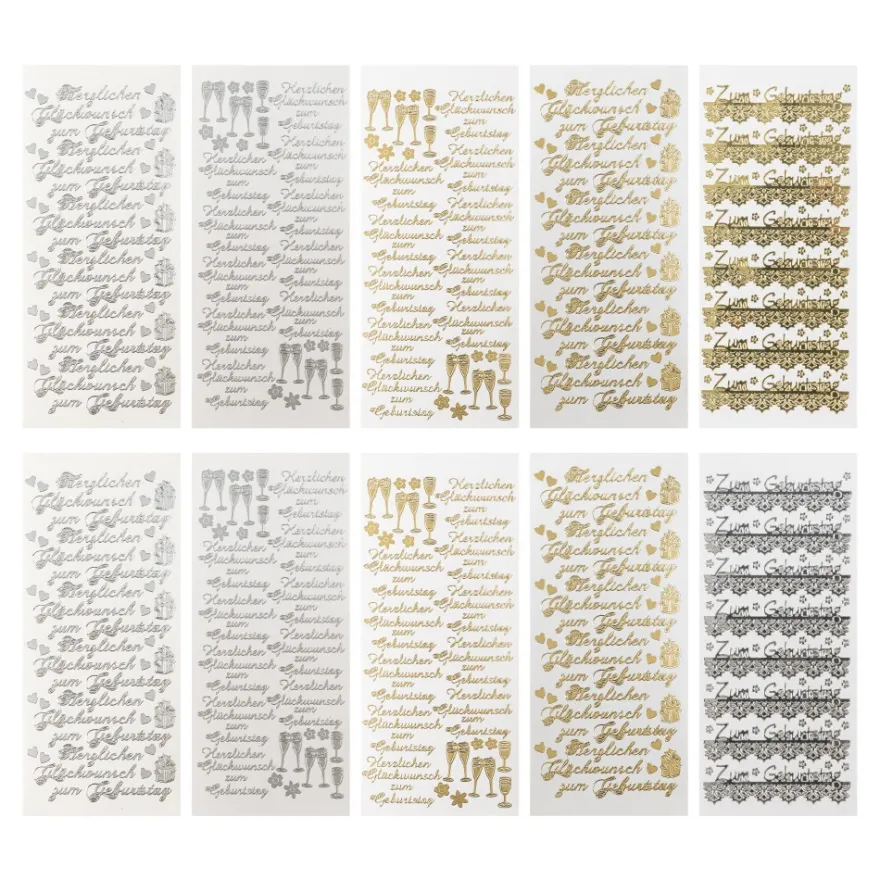 Sticker, Glückwünsche 1, Perlmutt- und Spiegelfolie, gold und silber, 5 Designs, 10 Bogen