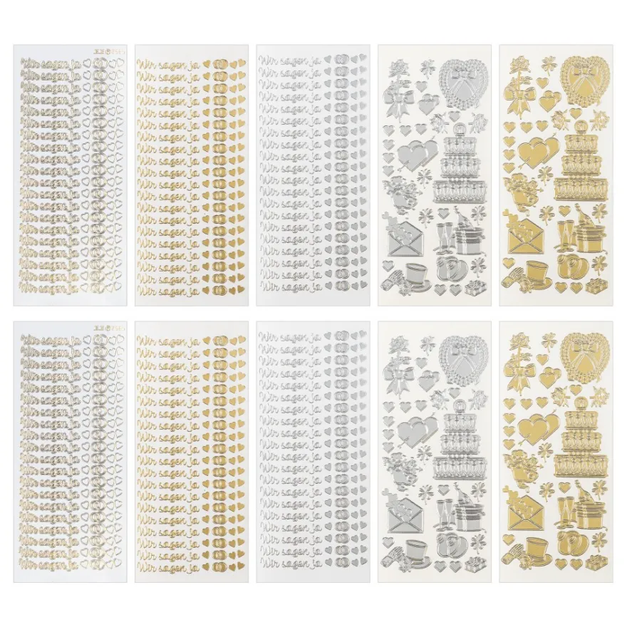 Sticker, Hochzeit 3, Perlmutt- und Lackfolie, 5 verschiedene Designs, 10 Bogen