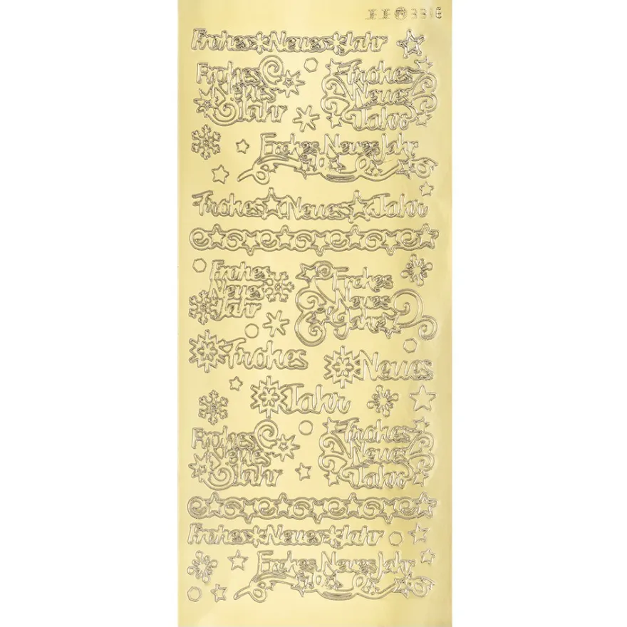 Sticker, Schrift, Frohes neues Jahr, Sterne & Eiskristalle, Spiegelfolie, gold