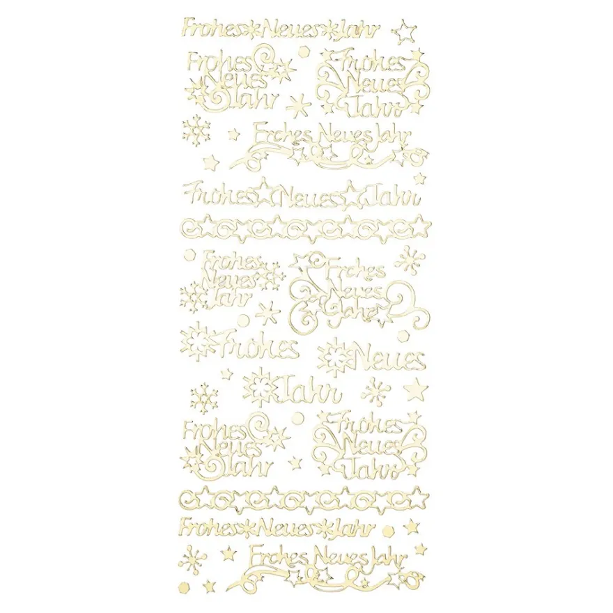 Sticker, Schrift, Frohes neues Jahr, Sterne & Eiskristalle, Spiegelfolie, gold