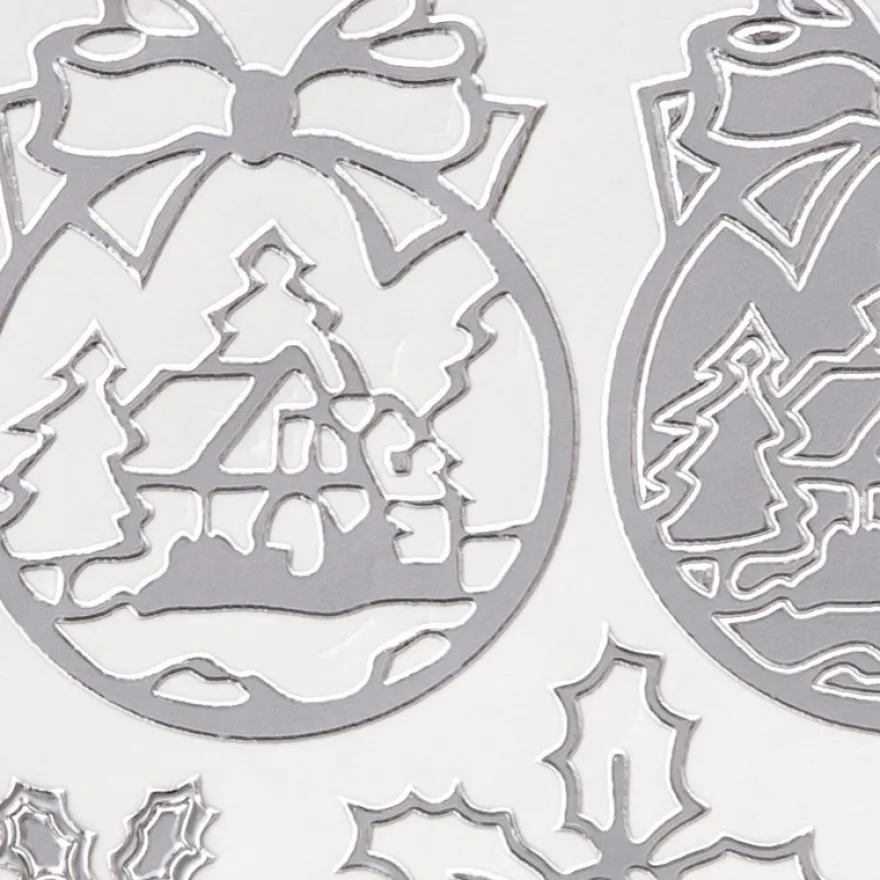 Sticker, Weihnachtskugeln mit Winterdörfern, Perlmuttfolie, silber