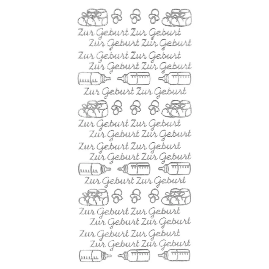 Sticker zur Geburt mit Schnuller, Fläschchen und Babyschuhe mit Schleifen, silber.
