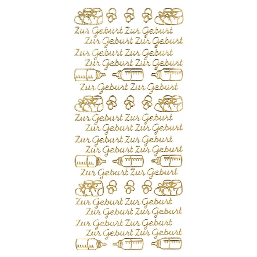 Sticker zur Geburt mit Schnuller, Fläschchen und Babyschuhe mit Schleifen, gold.