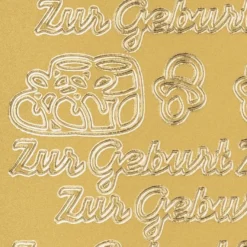Sticker zur Geburt mit Schnuller, Fläschchen und Babyschuhe mit Schleifen, gold.
