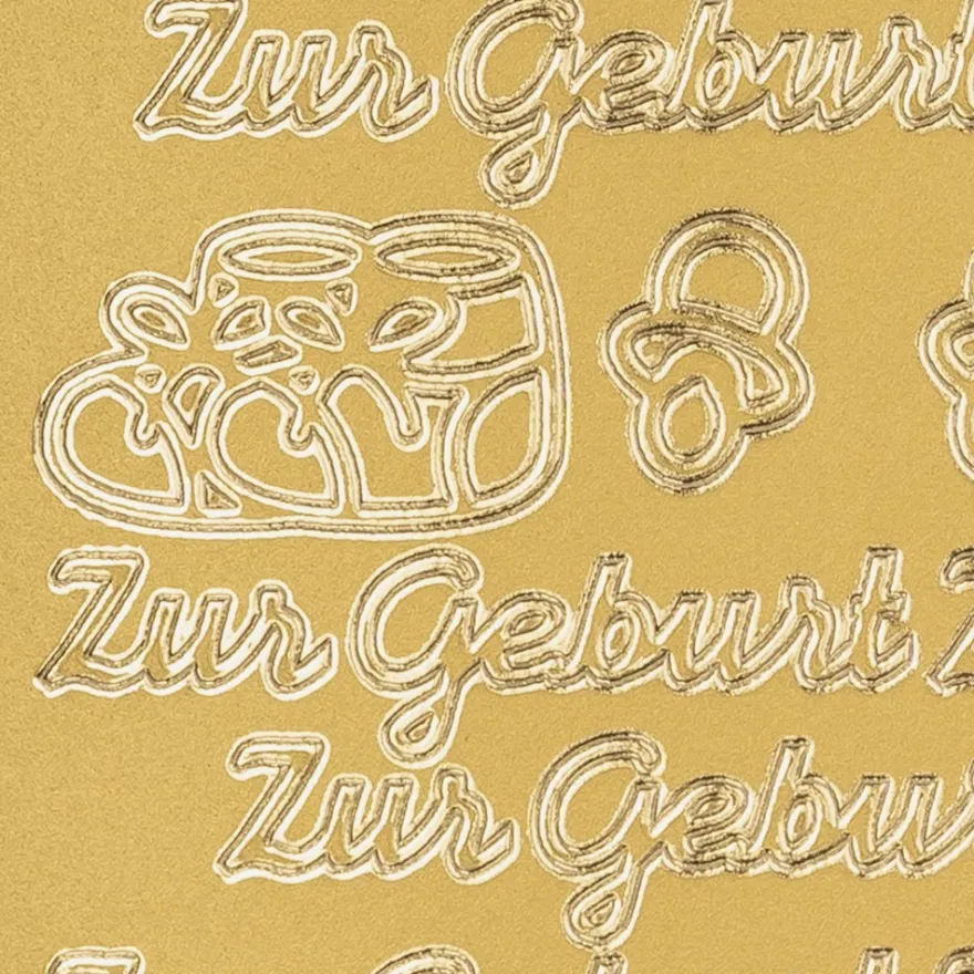 Sticker zur Geburt mit Schnuller, Fläschchen und Babyschuhe mit Schleifen, gold.