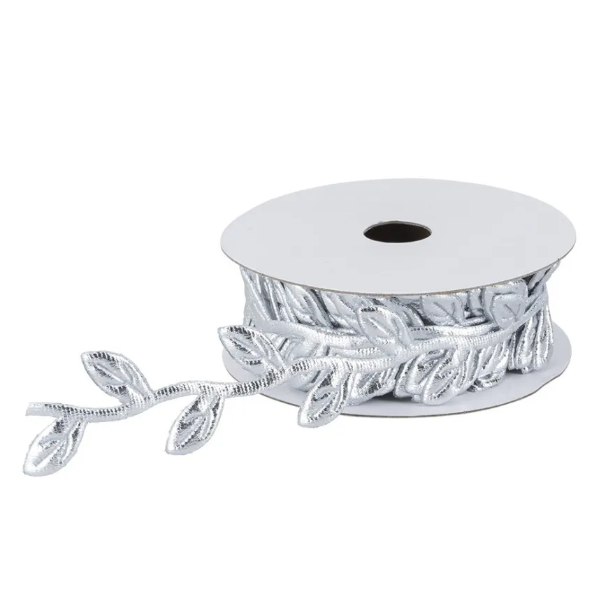 Stoffband Blätter, metallic, 2,3cm beit, 5m lang, silber