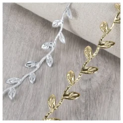 Stoffband Blätter, metallic, 2,3cm beit, 5m lang, silber