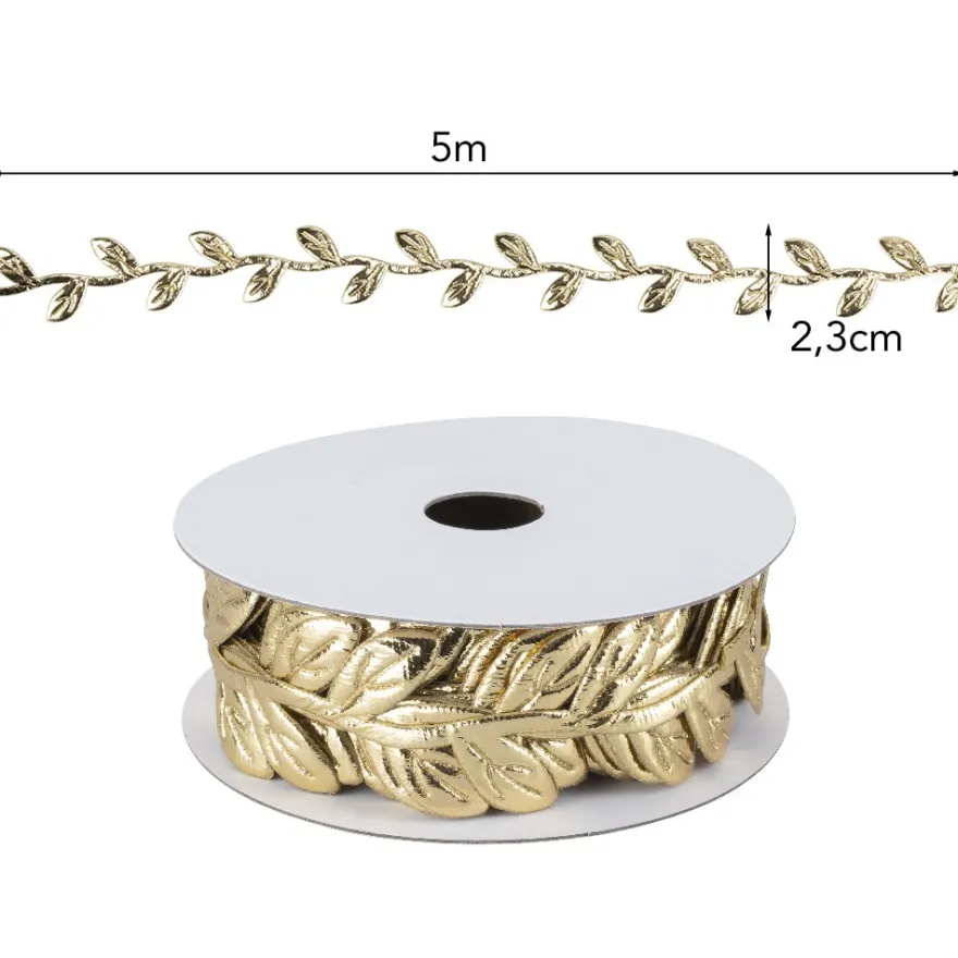 Stoffband Blätter, metallic, 2,3cm beit, 5m lang, hellgold