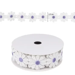 Stoffblüten-Band, Margeriten, flieder, 2,5cm breit, 2m lang