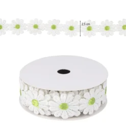 Stoffblüten-Band, Margeriten, hellgrün, 2,5cm breit, 2m lang