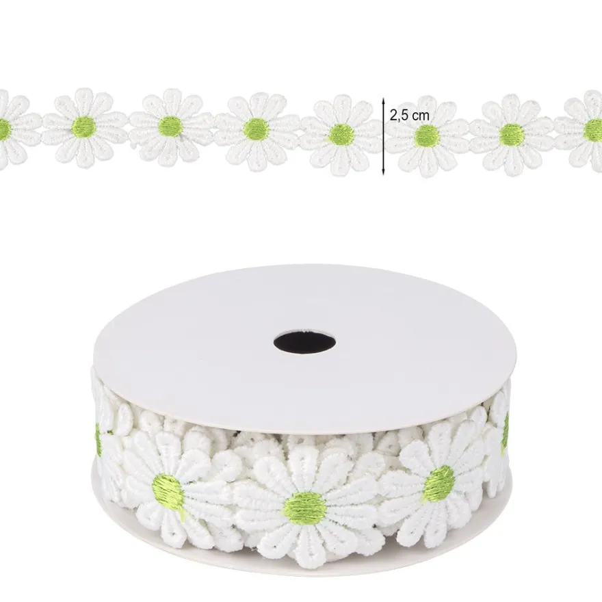 Stoffblüten-Band, Margeriten, hellgrün, 2,5cm breit, 2m lang