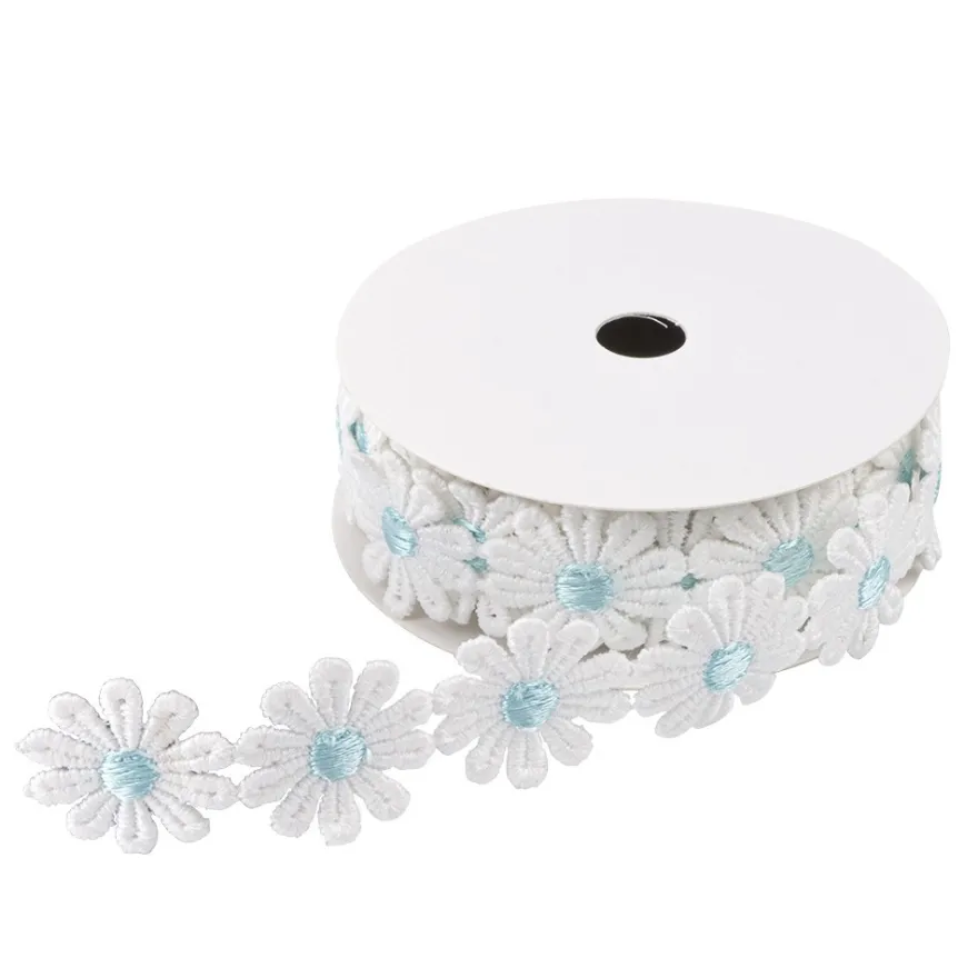 Stoffblüten-Band, Margeriten, hellblau, 2,5cm breit, 2m lang