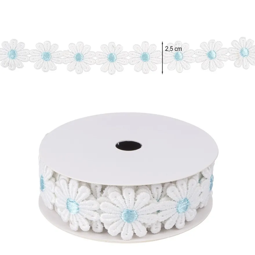 Stoffblüten-Band, Margeriten, hellblau, 2,5cm breit, 2m lang