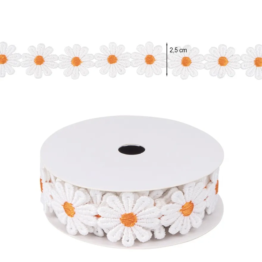 Stoffblüten-Band, Margeriten, orange, 2,5cm breit, 2m lang