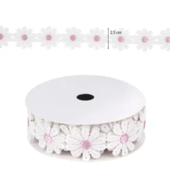 Stoffblüten-Band, Margeriten, rosa, 2,5cm breit, 2m lang