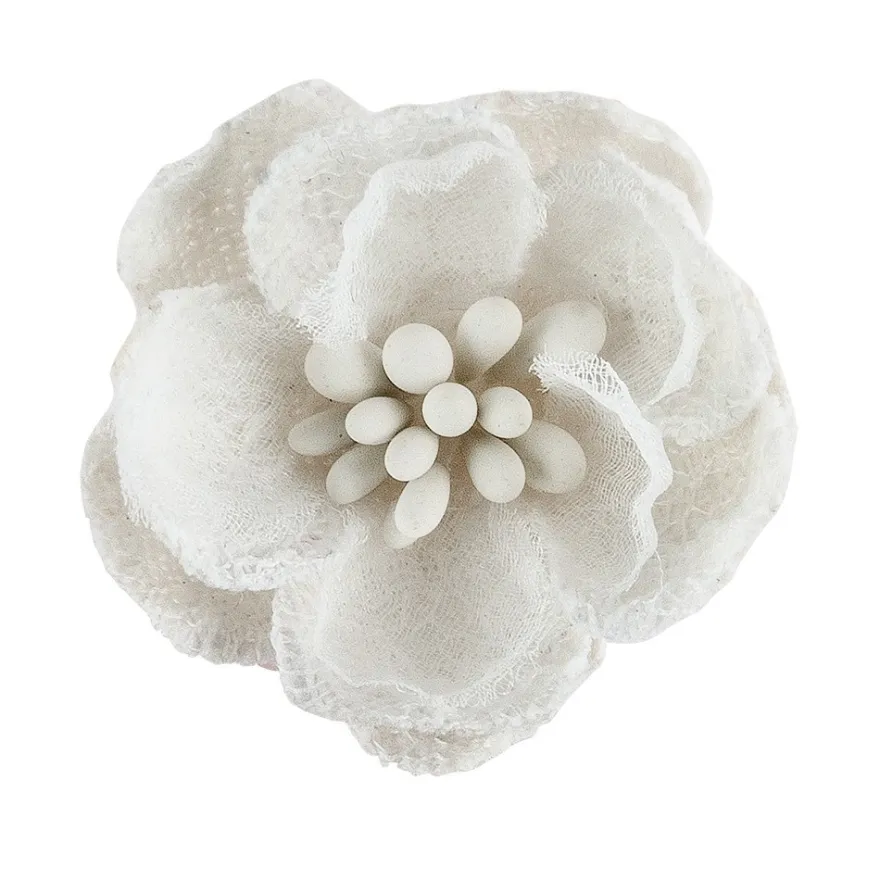 Stoffblüten mit Spitze, Blüte: Ø 3cm, Blüte mit Draht: 11cm, natur, feine Leinenstruktur, 6 Stück