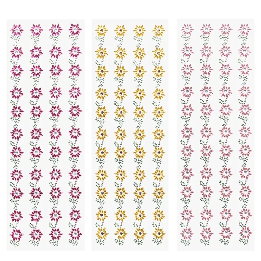 Strass-Bordüren, Blumen, verschiedene Farben, 3 Bogen