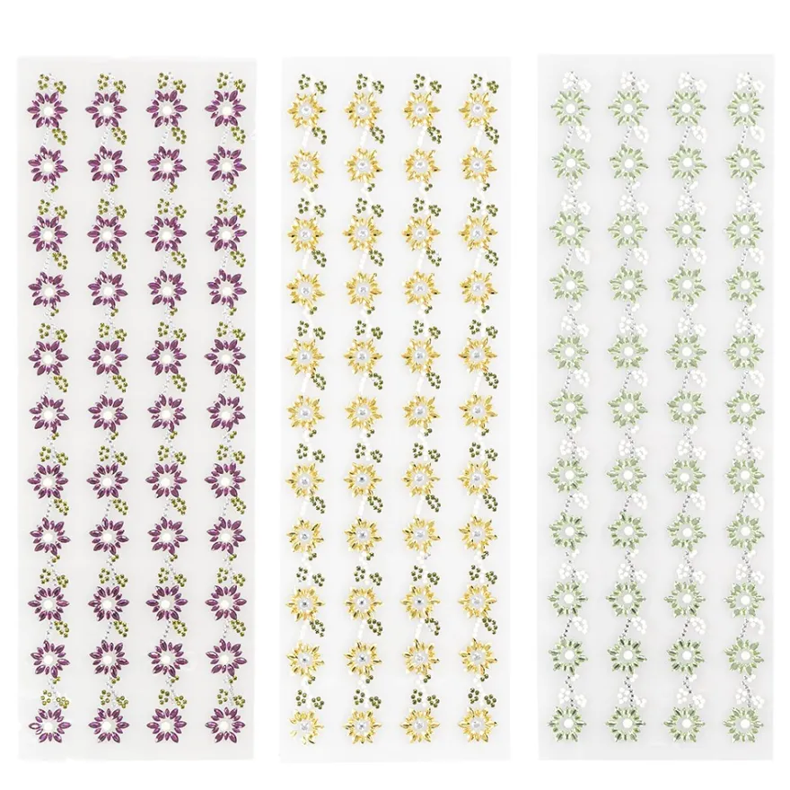 Strass-Bordüren, Blumen 3, verschiedene Farben, 3 Bogen
