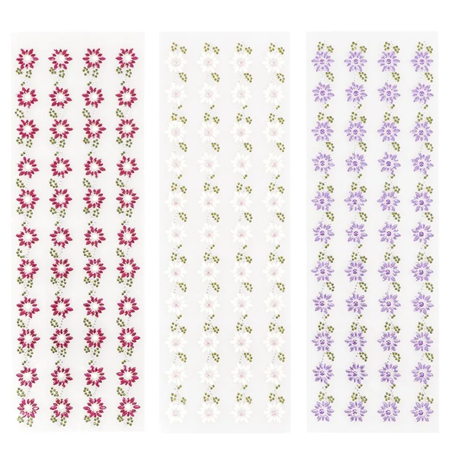 Strass-Bordüren, Blumen 2, verschiedene Farben, 3 Bogen